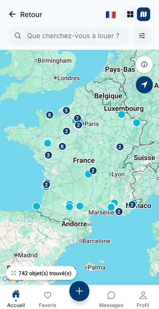 El mapa de objetos en alquiler en Francia metropolitana en la app
