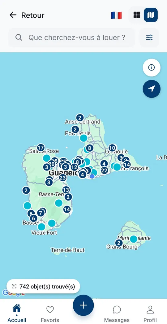 La carte des objets à louer en Guadeloupe dans l’application