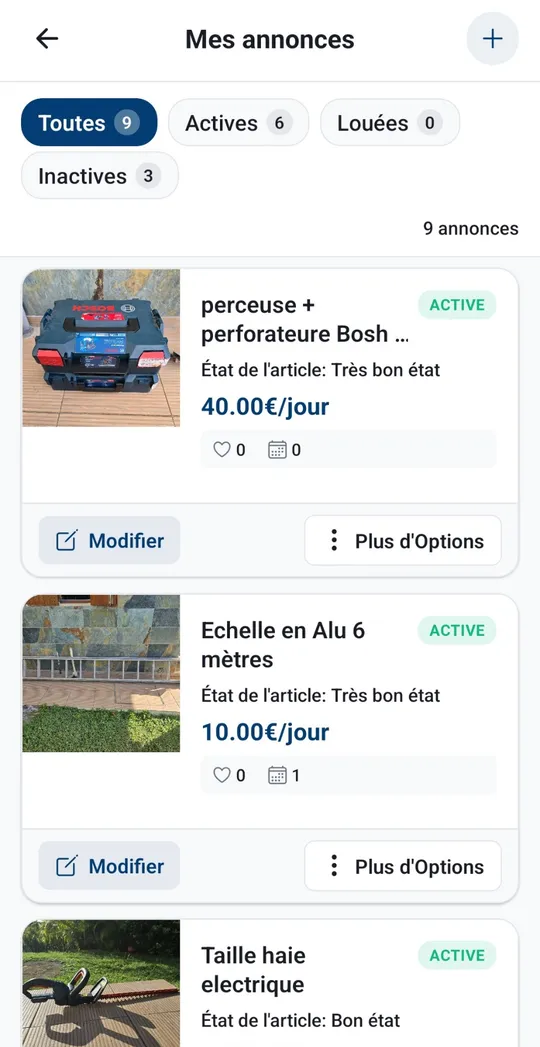The “My listings” screen of the Tout à Louer app