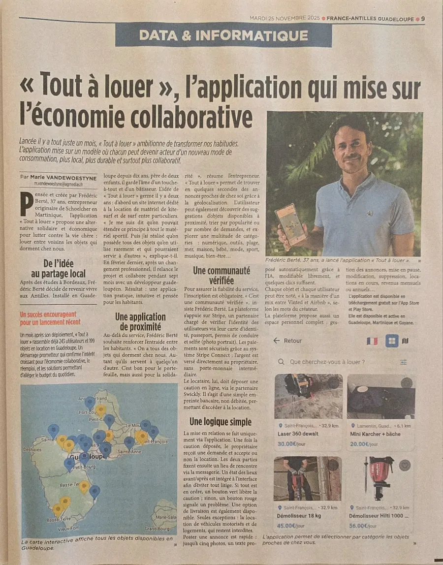 Article France-Antilles consacré à Tout à Louer